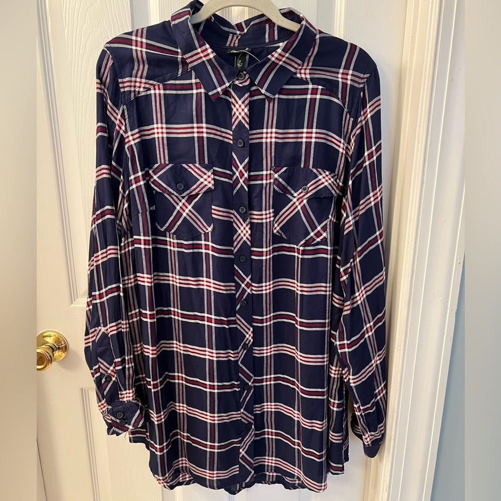 Torrid Relaxed Tunic Camp Shirt Blue Plaid Sz 2X